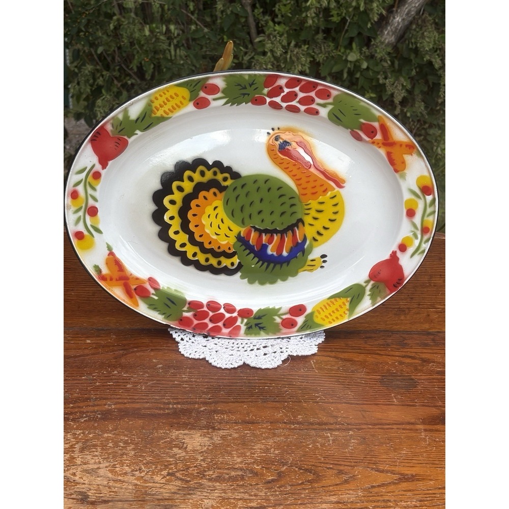 Enamelware Metal Turkey Serving Platter Tray Thanksgiving Veggies 17 3/4x 13 1/4